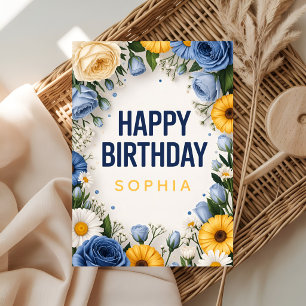 Carte d'anniversaire florale bleue et jaune