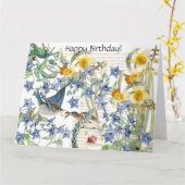 Carte d'anniversaire florale d'oiseau d'oiseau (Fleur jaune)