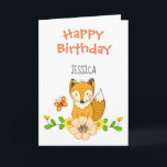 Carte d'anniversaire Fox Joyeux<br><div class="desc">Renard forestier d'automne avec des éléments floraux. Nom ajustable et texte intérieur. Oeuvre de Valarie Wade.</div>