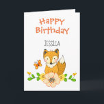 Carte d'anniversaire Fox Joyeux<br><div class="desc">Renard forestier d'automne avec des éléments floraux. Nom ajustable et texte intérieur. Oeuvre de Valarie Wade.</div>