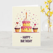 Carte d'anniversaire Gâteau Magenta (Fleur jaune)