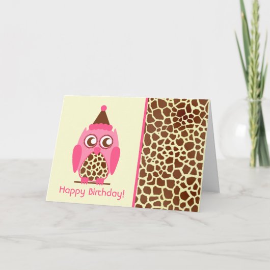 Carte d'anniversaire Giraffe Print & Pink Owl (Devant)