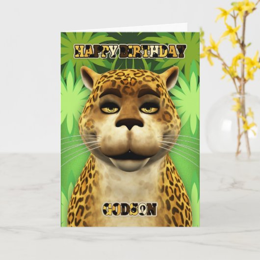 Carte d'anniversaire Godson Leopard Jungle (Fleur jaune)