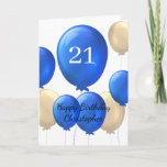 Carte d'anniversaire Gold et Blue Balloons 21e<br><div class="desc">Vous cherchez une façon spéciale et personnalisée de souhaiter à un jeune homme dans votre vie un joyeux 21ème anniversaire? Notre carte personnalisée de 21e anniversaire est la façon parfaite de lui montrer à quel point vous vous souciez. Doté d'une conception de ballons dorés et bleus, cette carte peut être...</div>
