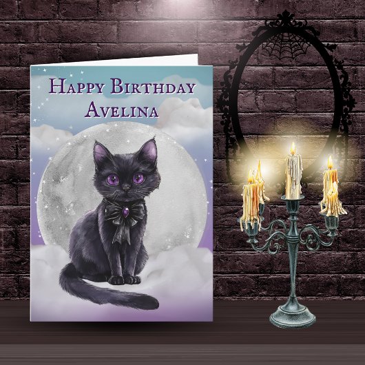 Carte d'anniversaire gothique avec un chat noir mi