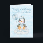 Carte d'anniversaire Great Grandson Blue Penguin 1<br><div class="desc">Une jolie carte d'anniversaire de pingouin pour bébé de 1er anniversaire Great Grand-fils. La carte comporte un petit pingouin garçon assis sur un nuage tenant un ballon. Un design sucré pour votre arrière petit-fils ou petit-fils qui aura 1 an. Ajoutez le nom de l'enfant à l'avant de la carte pour...</div>