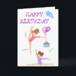 Carte d'anniversaire Gymnastique personnalisée<br><div class="desc">Personnalisez cette jolie carte à thème de gymnastique avec un nom ET l'âge sur l'étoile d'aqua dans le coin supérieur. Le design comporte deux gymnases en rose et violet,  entourés de confettis et de ballons de fête et d'un cadeau.  L'intérieur est vide pour ajouter le message souhaité.</div>