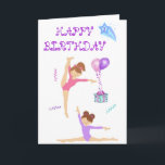 Carte d'anniversaire Gymnastique personnalisée<br><div class="desc">Personnalisez cette jolie carte à thème de gymnastique avec un nom ET l'âge sur l'étoile d'aqua dans le coin supérieur. Le design comporte deux gymnases en rose et violet,  entourés de confettis et de ballons de fête et d'un cadeau.  L'intérieur est vide pour ajouter le message souhaité.</div>
