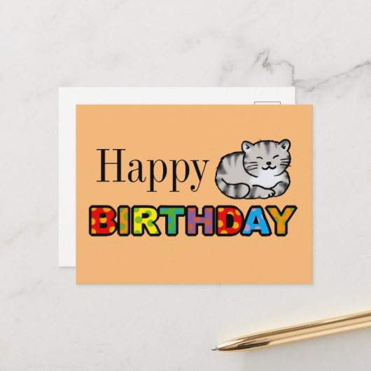 carte d'anniversaire heureuse de chat tigre gris (Devant/Arrière en situation)