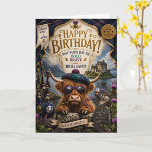 Carte d'anniversaire Highland Cow Cornemuse Whisky