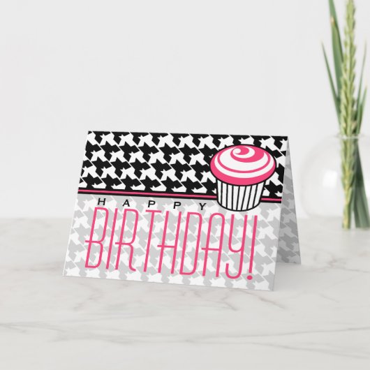 Carte d'anniversaire Houndstooth avec Cupcake rose (Devant)