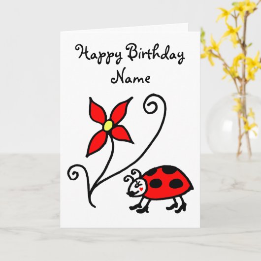 Carte d'anniversaire jolie coccinelle et fleur (Fleur jaune)