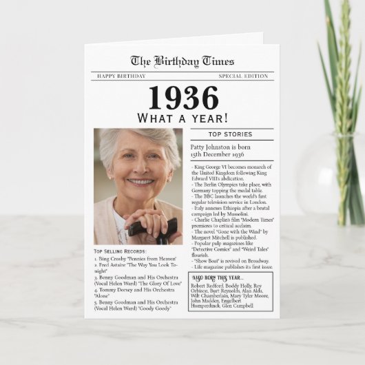 Carte d'anniversaire Journal 1936 90 ans (Devant)