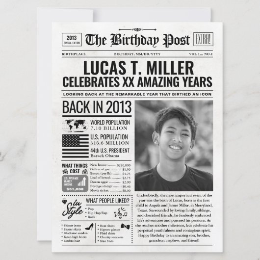 Carte d'anniversaire journal personnalisée 2013, T (Devant)