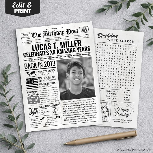 Carte d'anniversaire journal personnalisée 2013, T