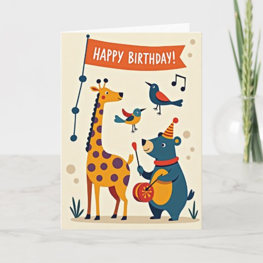 Carte d'anniversaire joyeuse avec des animaux en f (Devant)