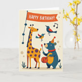 Carte d'anniversaire joyeuse avec des animaux en f (Fleur jaune)