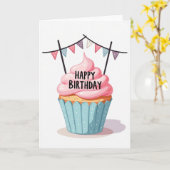 Carte d'anniversaire Joyeuse avec glaçage rose (Fleur jaune)