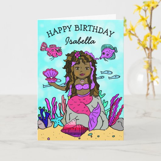 Carte d'anniversaire joyeuse de Sirène d'ethnie vi (Fleur jaune)