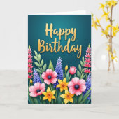 Carte d'anniversaire Joyeuse Écriture Dorée (Fleur jaune)