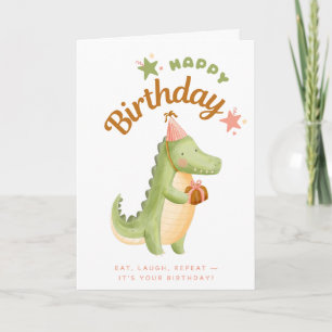 carte d'anniversaire joyeux alligator avec chapeau