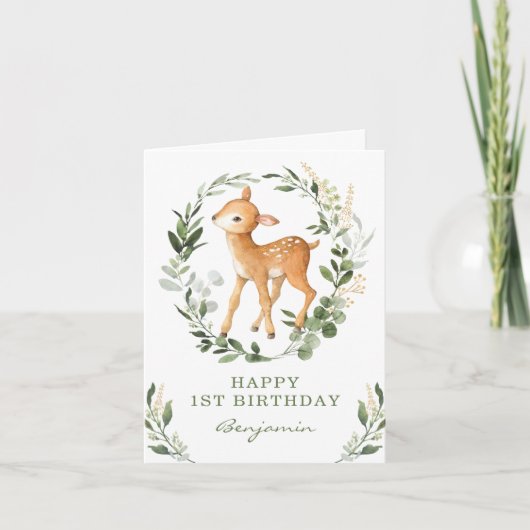 Carte d'anniversaire joyeux faon doré en verdure d (Devant)