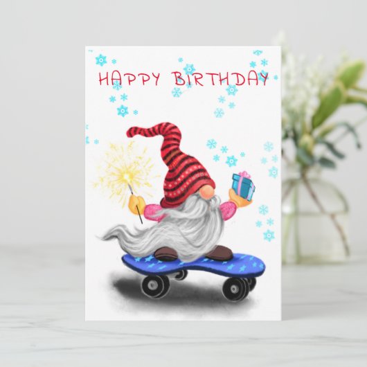 Carte d'anniversaire Joyeux patineur Gnome avec ca (Debout devant)