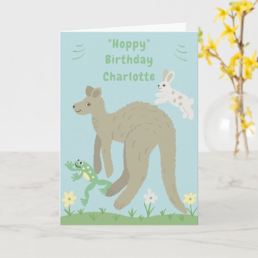 Carte d'anniversaire Kangaroo, Rabbit et Frog (Fleur jaune)