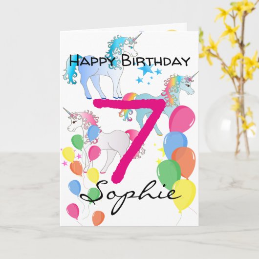 Carte d'anniversaire licorne pour fille de 7 ans (Fleur jaune)