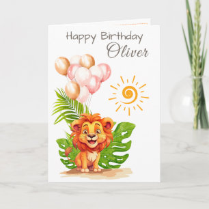 Carte d'anniversaire Lion aquarelle pour enfants a