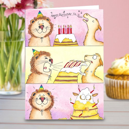 Carte d'anniversaire Llama contre Lion