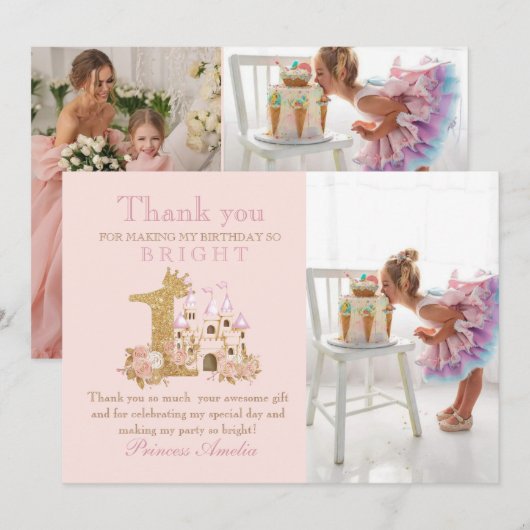 Carte d'anniversaire Magique Royaume Château Rose (Devant / Derrière)