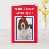 Carte d'anniversaire "Make Bassets Great Again" (Fleur jaune)