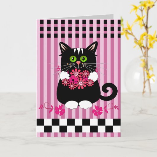 Carte d'anniversaire mignonne avec chat offrant de (Fleur jaune)