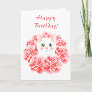 Carte d'anniversaire mignonne de chat rose de