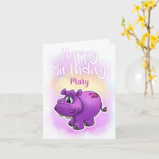 Carte d'anniversaire mignonne d'hippopotame (Fleur jaune)
