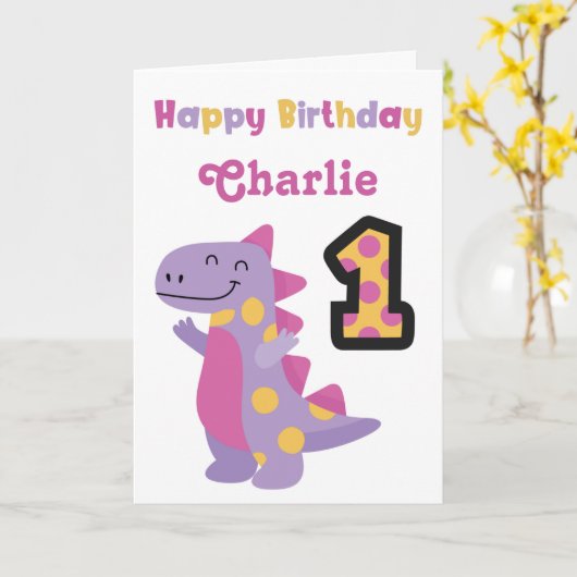 Carte d'anniversaire mignonne Dinosaur 1er (Fleur jaune)