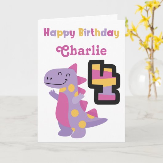 Carte d'anniversaire mignonne Dinosaur 4e (Fleur jaune)
