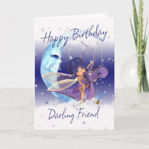 Carte d'anniversaire mignonne, dragon violet avec