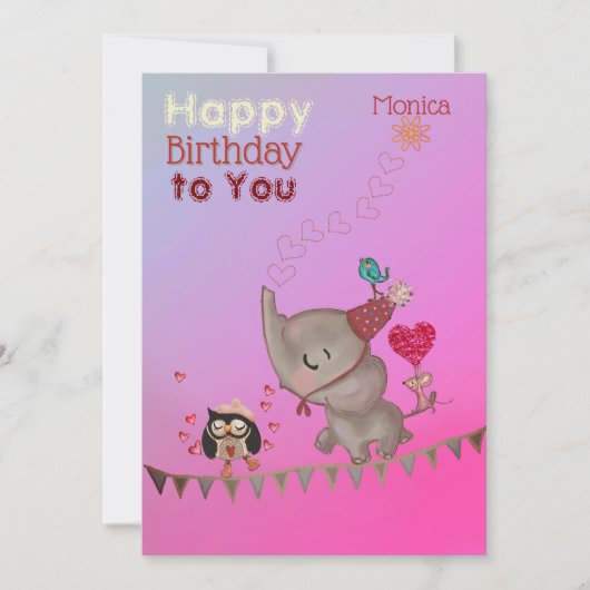 Carte d'anniversaire mignonne Elephant & souris ro (Devant)
