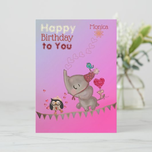 Carte d'anniversaire mignonne Elephant & souris ro (Debout devant)