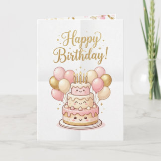 Carte d'anniversaire mignonne | Gâteau rose et or