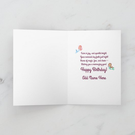 Carte d'anniversaire mignonne rose et bleu sirène  (Intérieur)