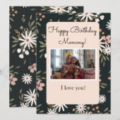 Carte d'anniversaire noire et florale avec votre p (Devant / Derrière)