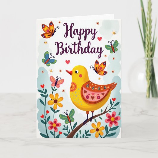 Carte d'anniversaire oiseau d'art populaire (Devant)
