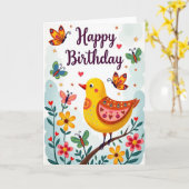 Carte d'anniversaire oiseau d'art populaire (Fleur jaune)