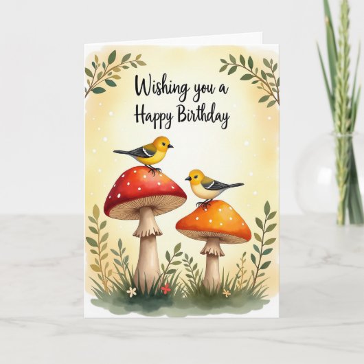 Carte d'anniversaire Oiseaux Champignons (Devant)
