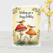 Carte d'anniversaire Oiseaux Champignons (Fleur jaune)