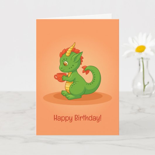 Carte d'anniversaire orange avec un bébé dragon mi (Petite plante)