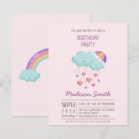 Carte d'anniversaire parapluie coloré avec des nua (Devant / Derrière)